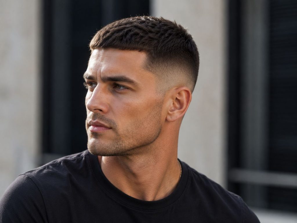 Crew cut with fade, the best haircut for a square face male, kept neat and short with a subtle top length for balance.