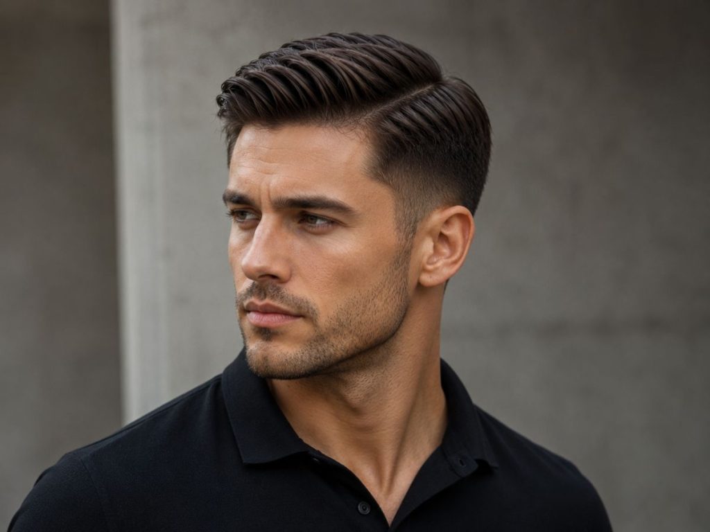 Side part with taper fade, the best haircut for a square face male, balancing the jaw with a clean side sweep.