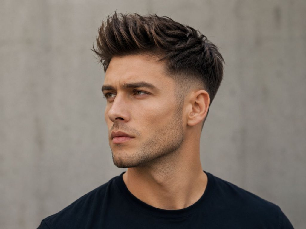 Textured quiff, the best haircut for a square face male, adding height on top to soften a strong, angular jaw.