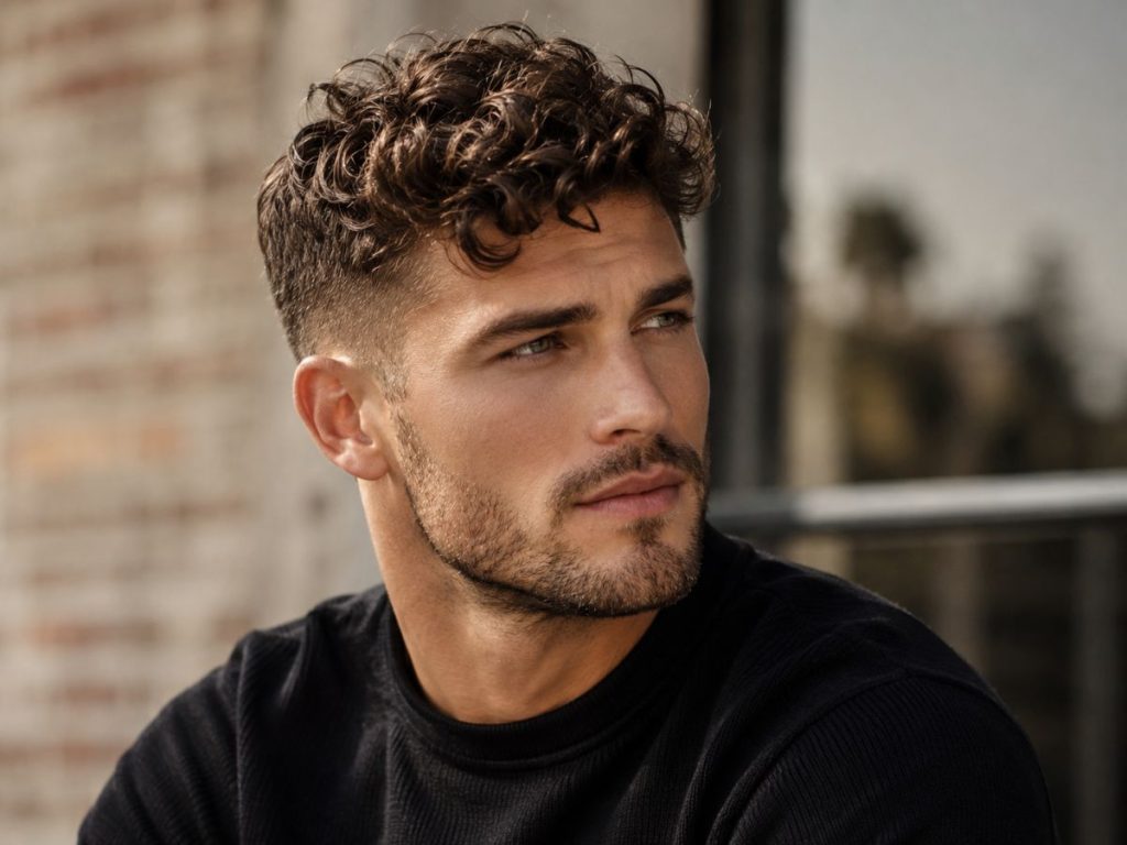 Wavy or curly top with short sides, the best haircut for a square face male, the curls softening an angular jaw.