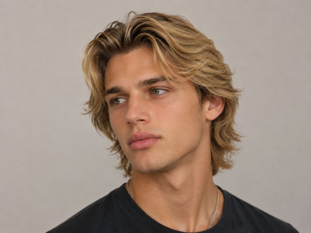 Medium-length bro flow haircut for heart shaped face male, hair swept back with loose volume framing the face.