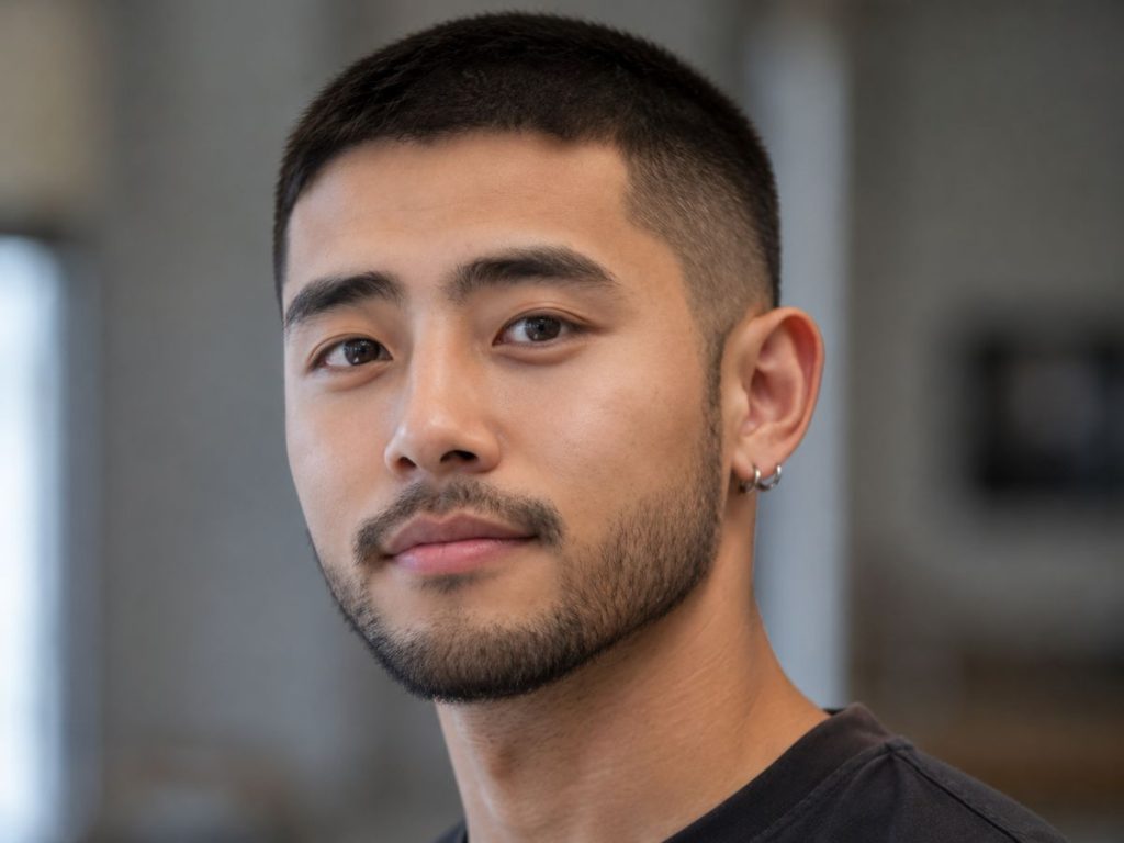 Buzz cut with beard balance haircut for heart shaped face male, the fuller beard adding width to a narrow chin.