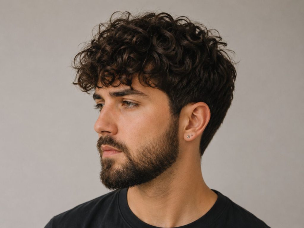 Curly top with scissor-cut sides haircut for heart shaped face male, curls adding fullness around the jawline.