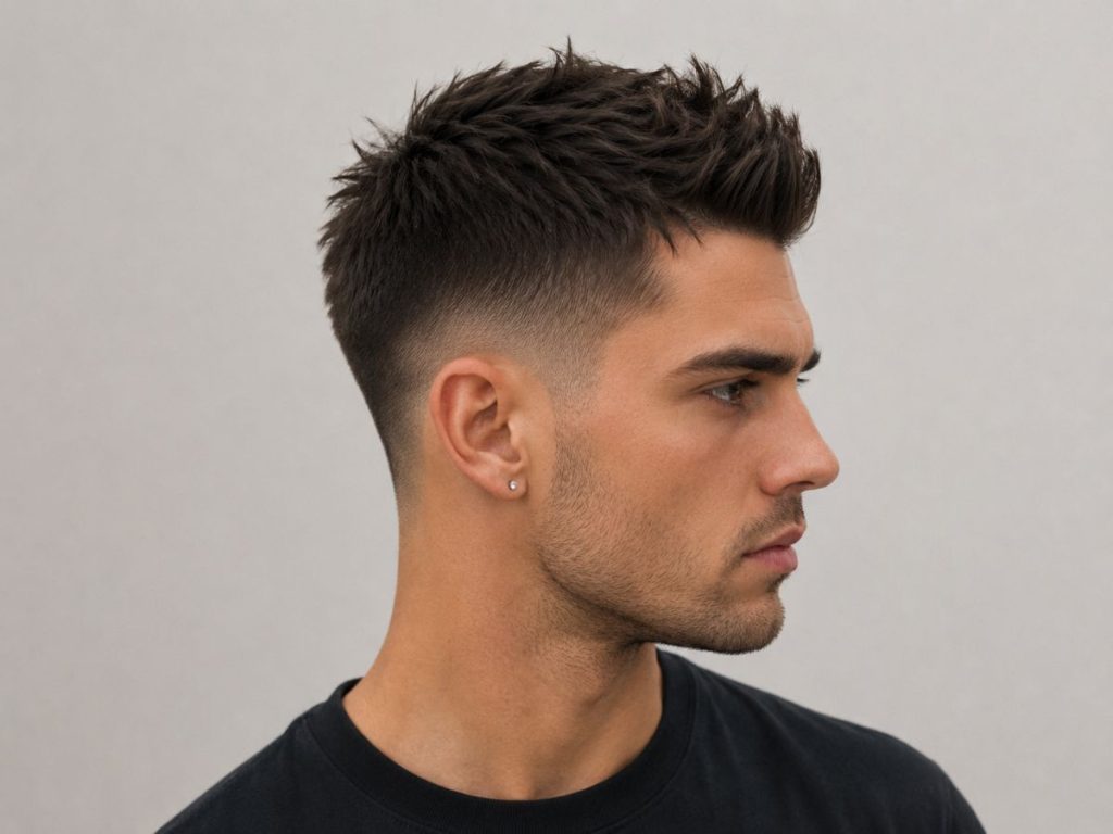 Faux hawk with low fade haircut for heart shaped face male, the raised central peak drawing the eye upward neatly.