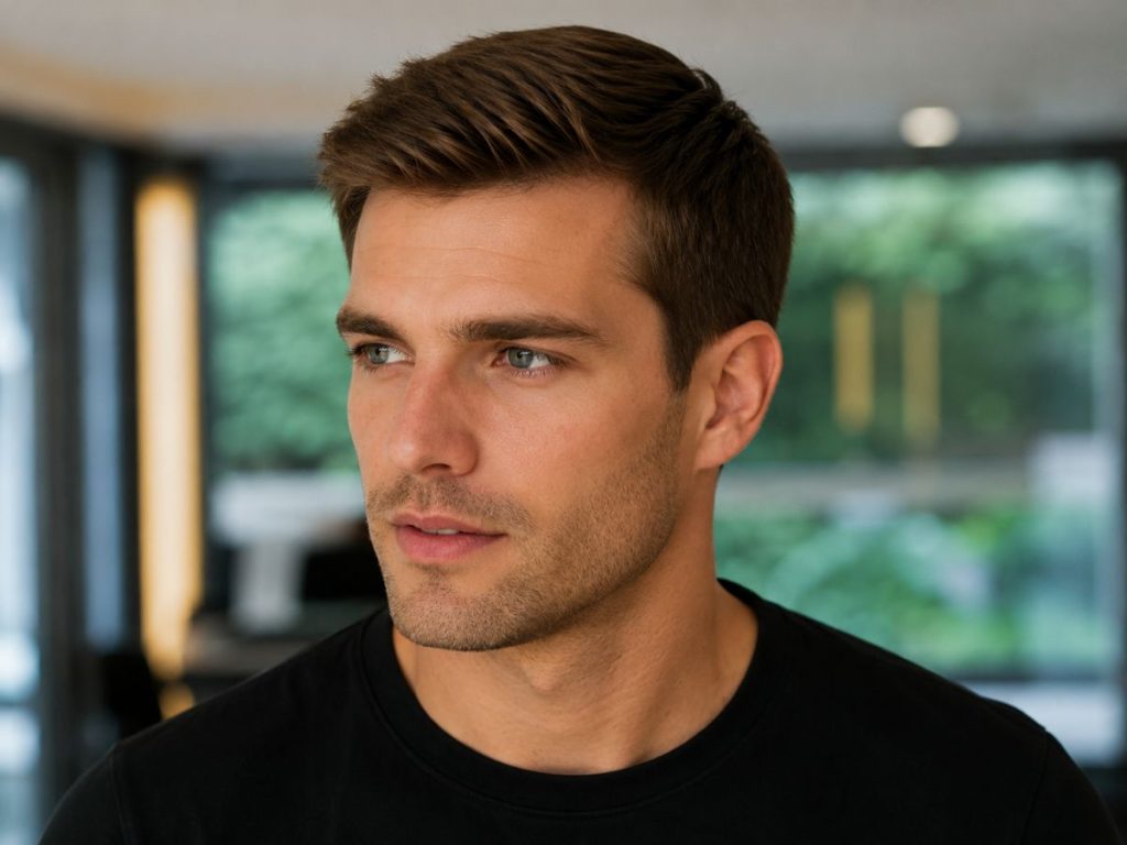 Ivy League cut haircut for heart shaped face male, a polished short style with a neat, tidy side-swept finish.
