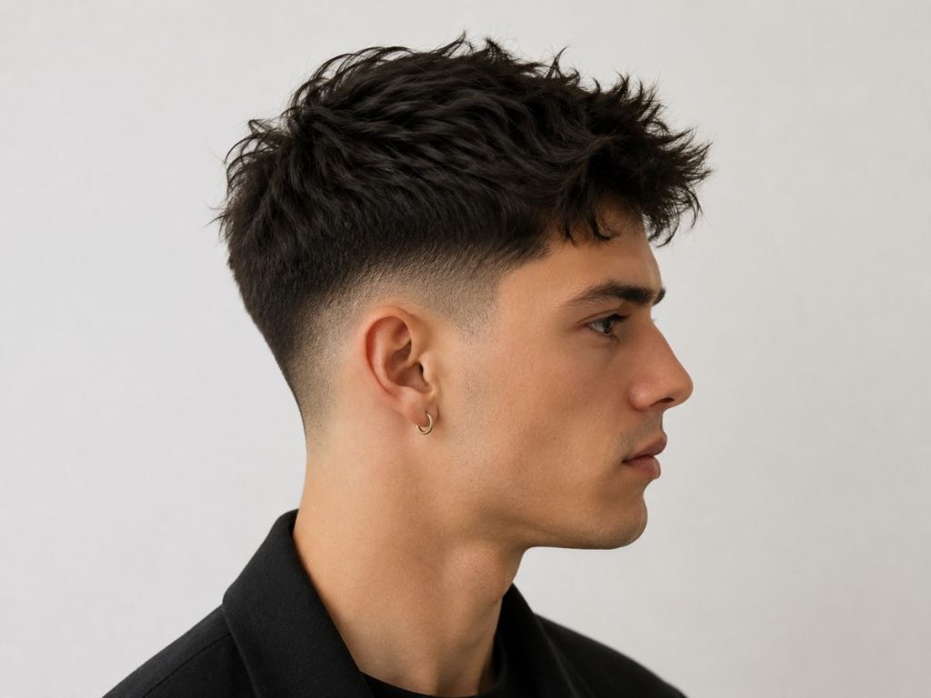 Low fade messy top haircut for heart shaped face male, keeping volume up top while tapering the sides cleanly.
