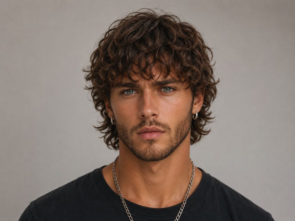 Shaggy layers haircut for heart shaped face male, with choppy layers adding width and movement around the jawline.
