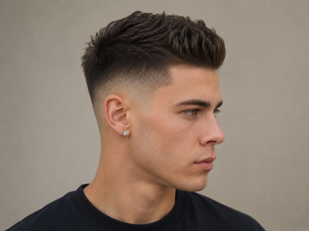 Short quiff with taper haircut for heart shaped face male, lifting front volume while the taper slims the sides.