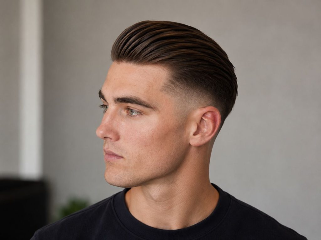 Slick back with volume control haircut for heart shaped face male, kept low and neat to avoid a longer-looking face.