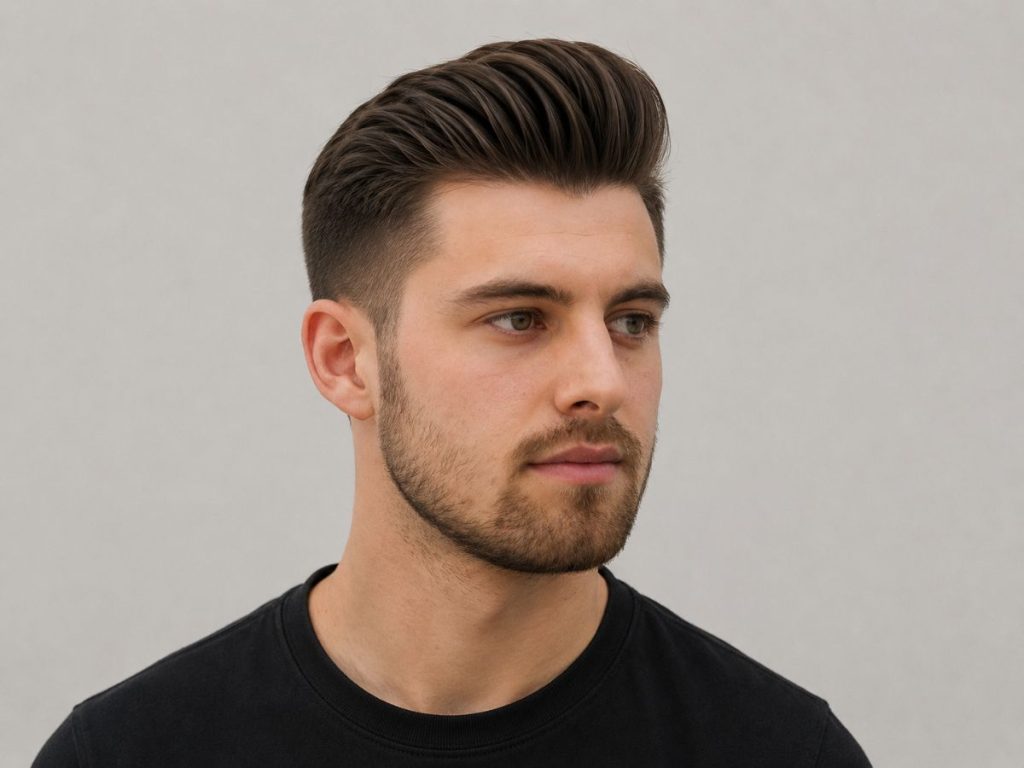 Soft classic pompadour haircut for heart shaped face male, with gentle height and rounded volume styled up front.