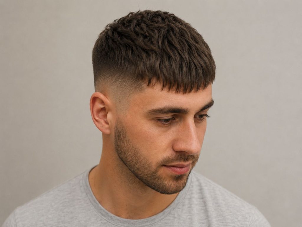 Textured Caesar cut haircut for heart shaped face male, with a short forward fringe to shorten a tall forehead.