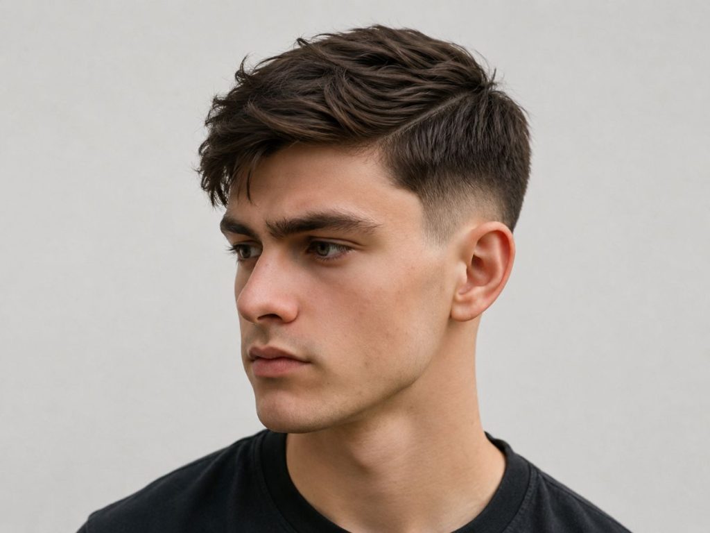 Textured side part haircut for heart shaped face male, swept to one side to balance a wide forehead and narrow chin.