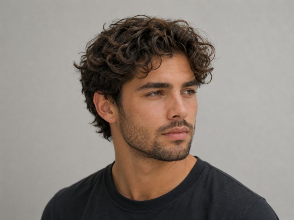 Wavy medium-length haircut for heart shaped face male, the loose waves adding width and softness near the jaw.