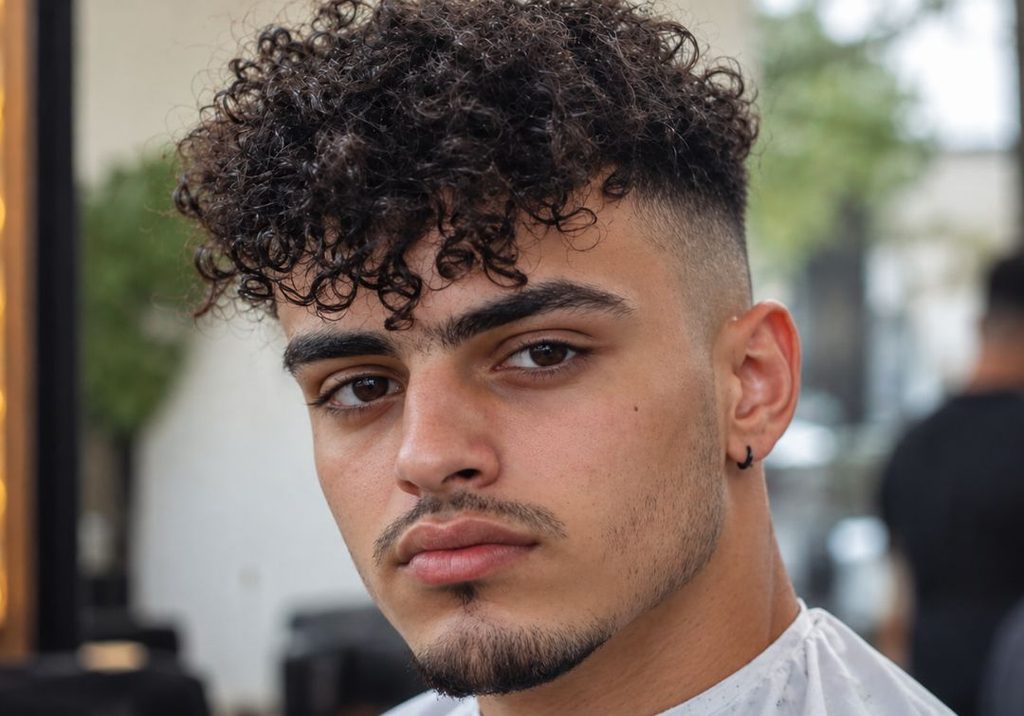 Close-up of a curly buzz cut at a #3 guard showing small coils across the top of the head