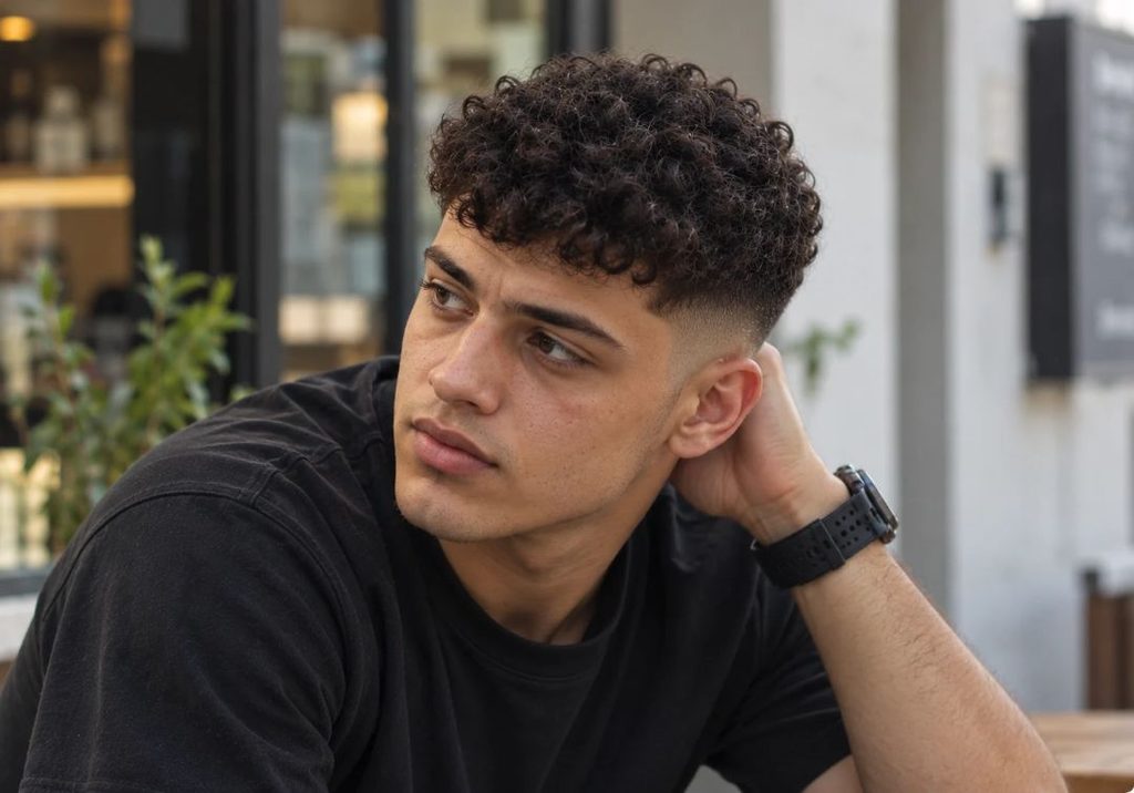 Man in a work shirt with a curly crew cut, about an inch of curls on top and tapered sides