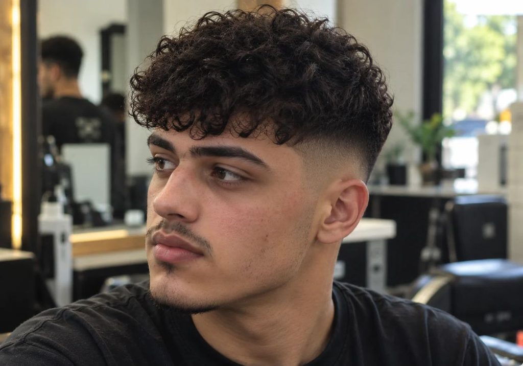 Short Caesar cut on tight curls with a forward fringe and a sharp line-up at the forehead